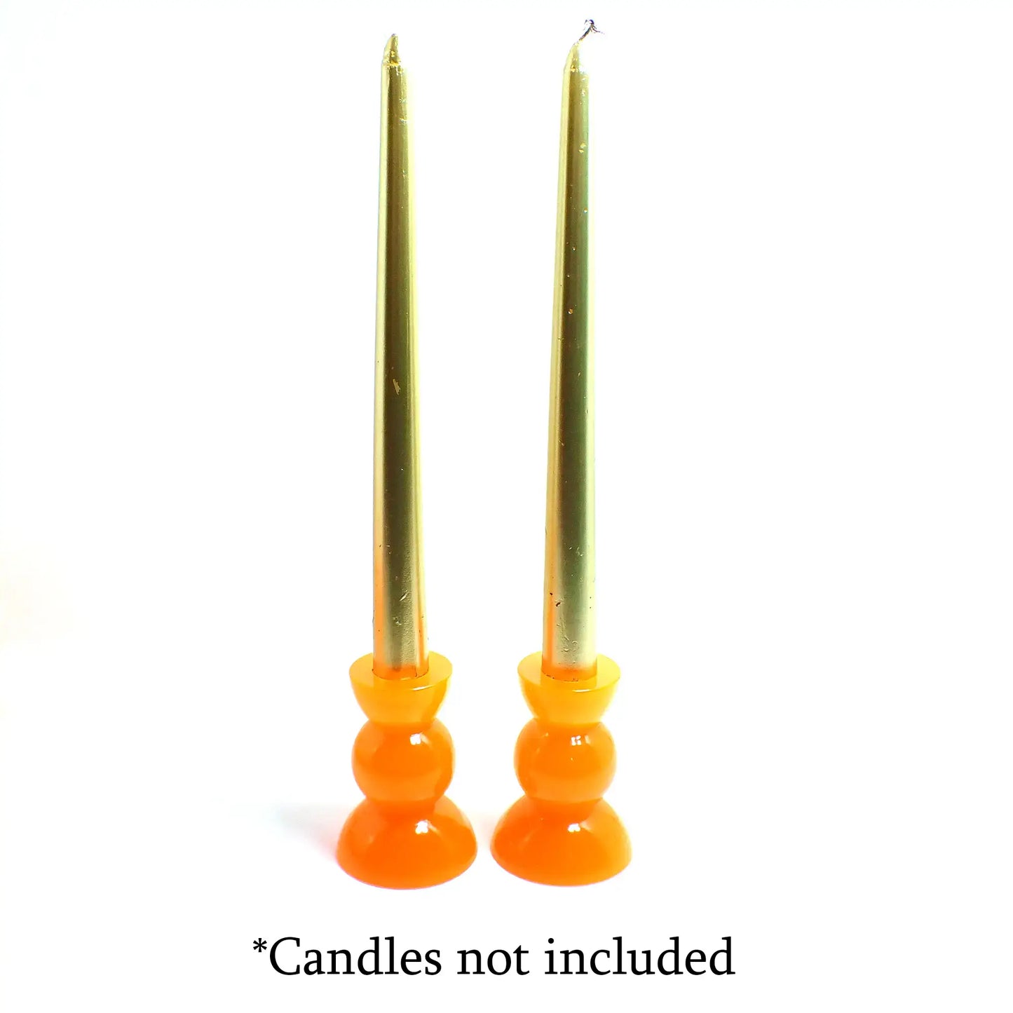 Set of Two Neon Orange Resin Handmade Rounded Geometric Candlestick Holders