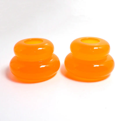 Set of Two Neon Orange Resin Handmade Puffy Round Double Ring Candlestick Holders