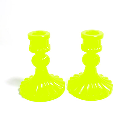 Set of Two Vintage Style Handmade Semi Translucent Neon Yellow Green Resin Candlestick Holders