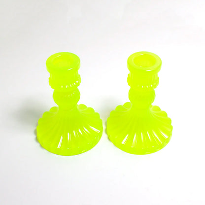Set of Two Vintage Style Handmade Semi Translucent Neon Yellow Green Resin Candlestick Holders