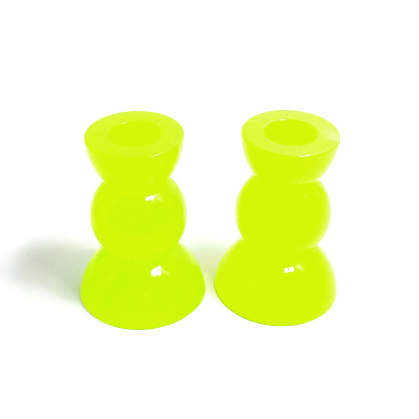 Set of Two Neon Yellow Green Resin Handmade Rounded Geometric Candlestick Holders