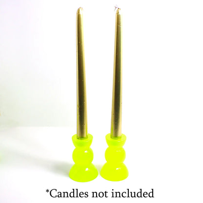 Set of Two Neon Yellow Green Resin Handmade Rounded Geometric Candlestick Holders