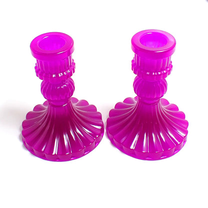 Set of Two Vintage Style Handmade Neon Purple Resin Candlestick Candle Holders