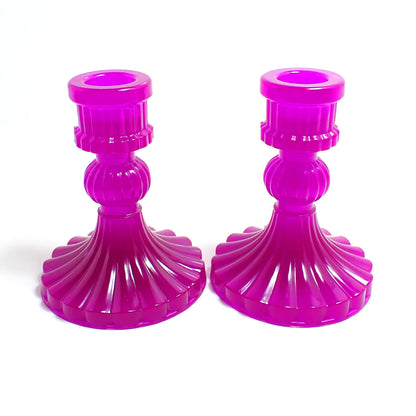 Set of Two Vintage Style Handmade Neon Purple Resin Candlestick Holders