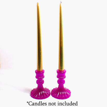 Set of Two Vintage Style Handmade Neon Purple Resin Candlestick Holders