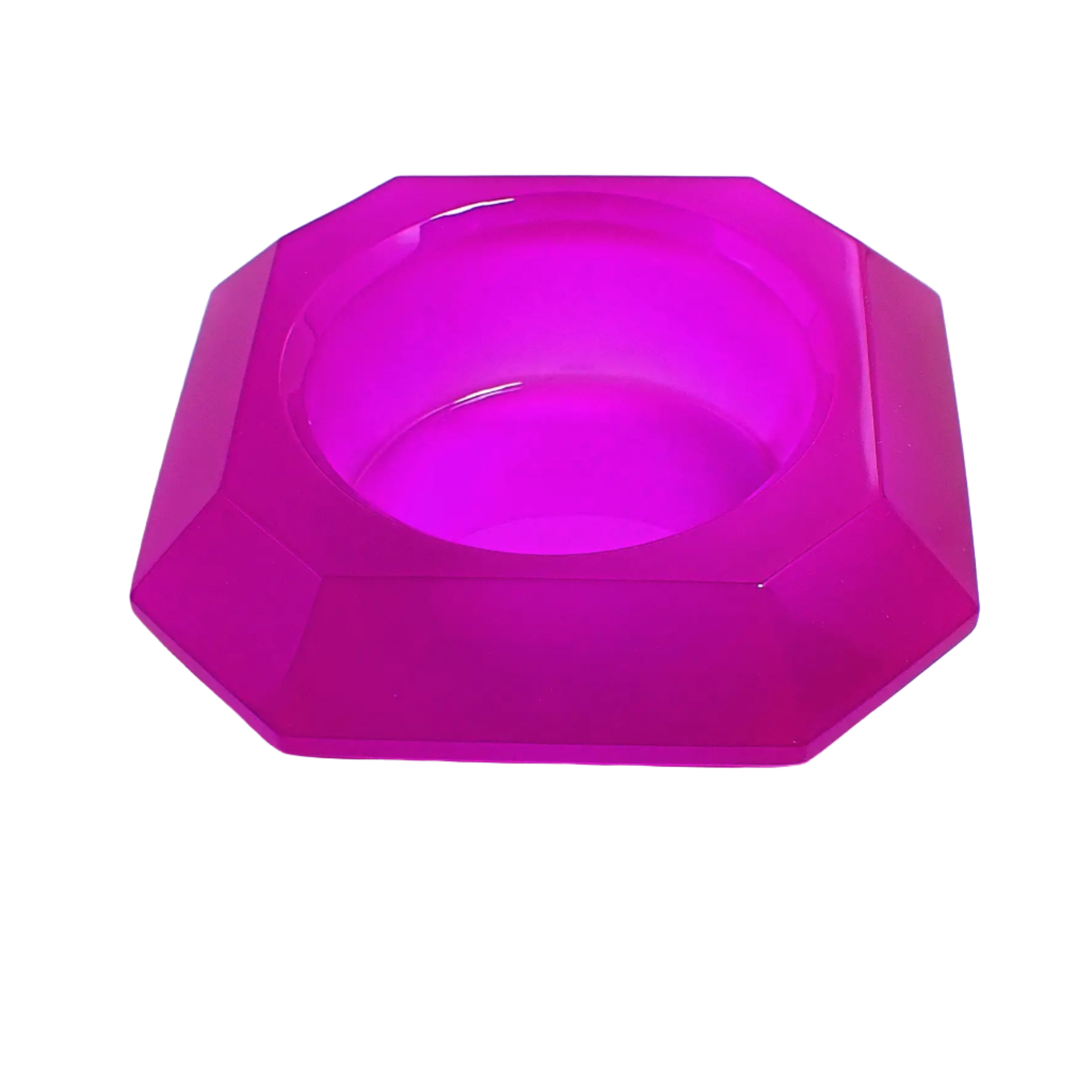 Photo of the handmade resin geometric decorative pot. The resin is neon purple in color. It has a faceted octagon shape that tapers down to the bottom. There is a circular opening in the middle to put things.