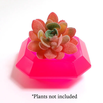 Small Handmade Faceted Octagon Bright Neon Pink Resin Decorative Pot