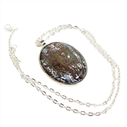 Handmade Oval Pendant Necklace Made with Vintage Abalone and Resin Cabs, Silver Plated, Iridescent Multi Color