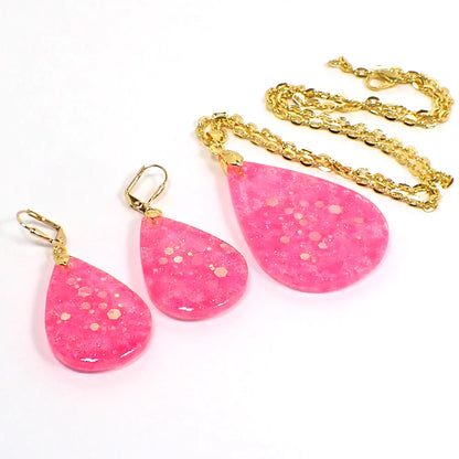 Handmade Jewelry Set, Bright Iridescent Pink Glitter Resin, Teardrop Necklace and Earrings