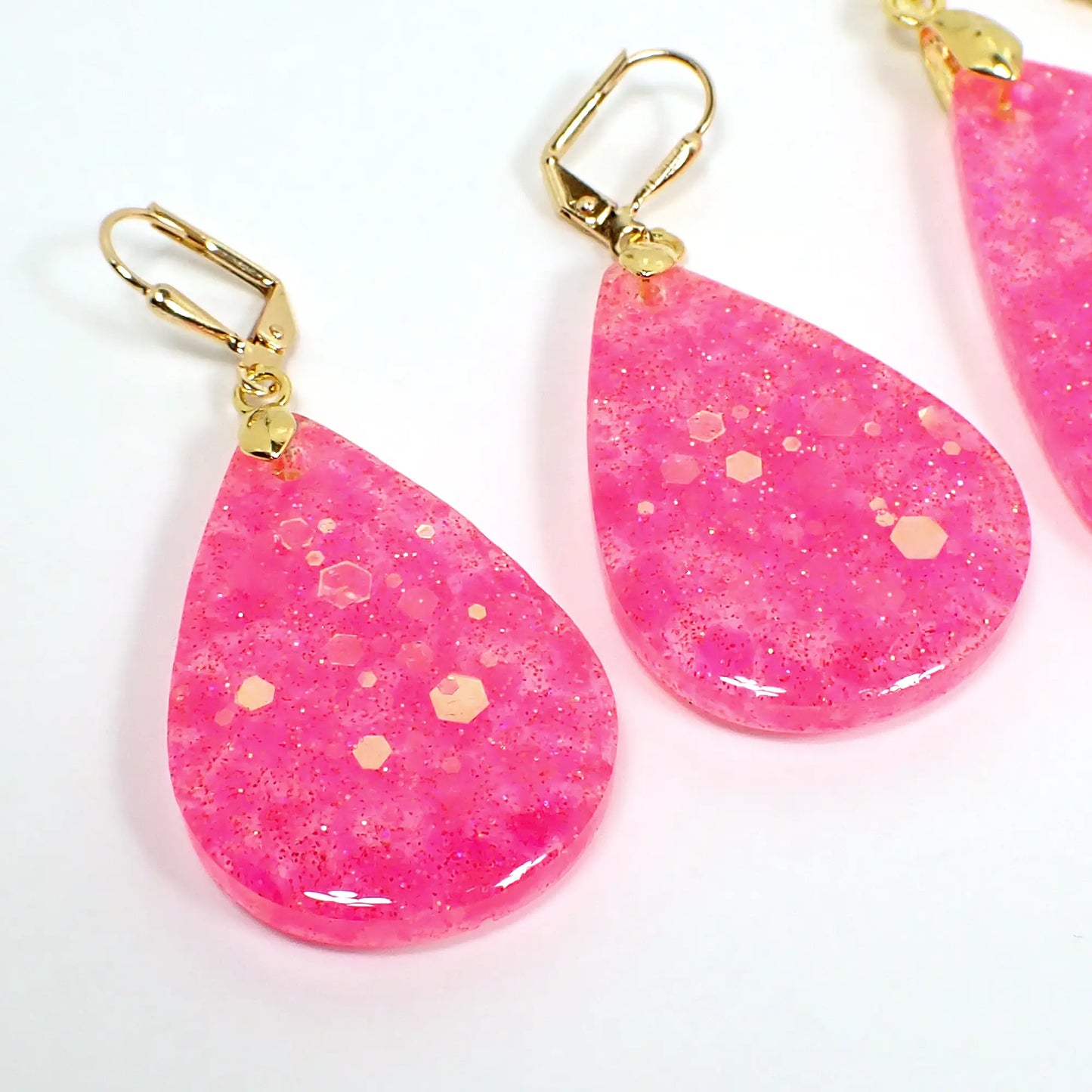 Handmade Jewelry Set, Bright Iridescent Pink Glitter Resin, Teardrop Necklace and Earrings