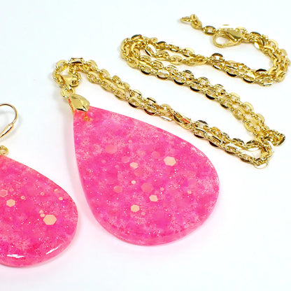 Handmade Jewelry Set, Bright Iridescent Pink Glitter Resin, Teardrop Necklace and Earrings