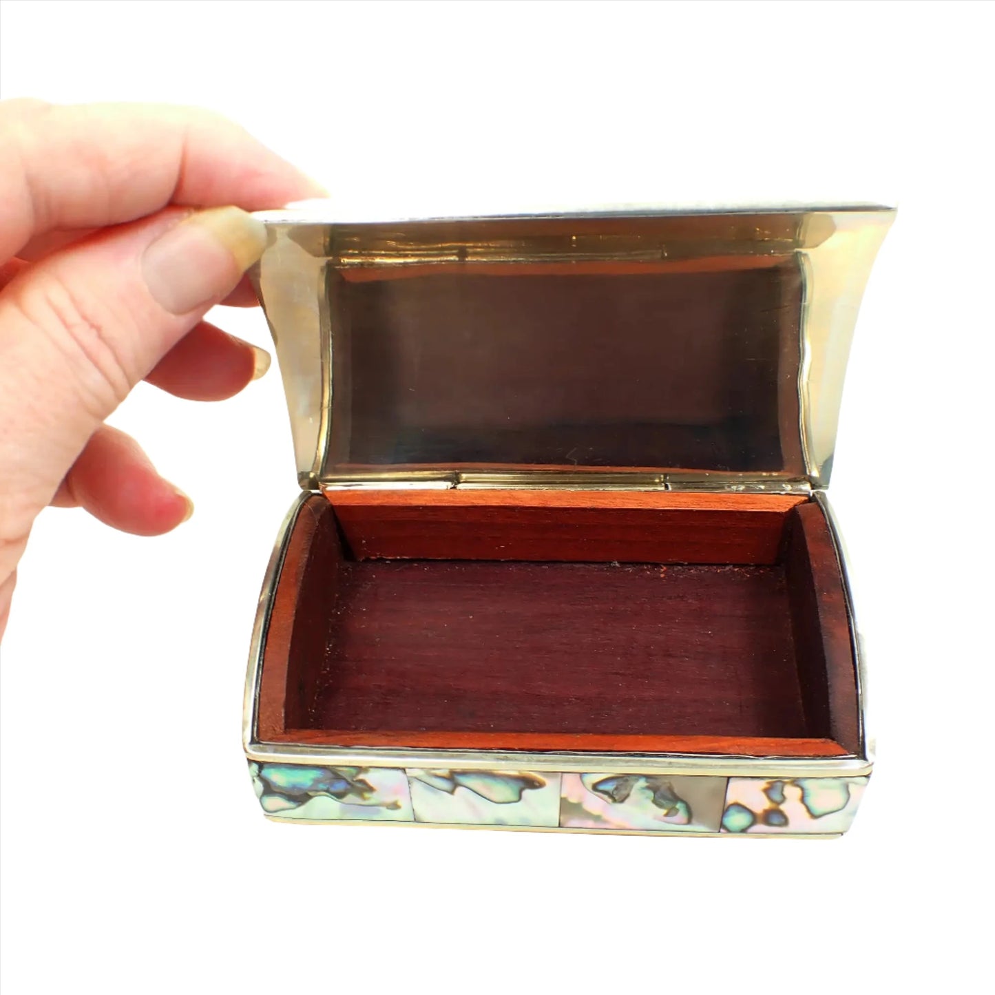 Abalone Vintage Jewelry Box, Alpaca Silver Tone Small Trinket Box with Wood Interior, Made in Mexico