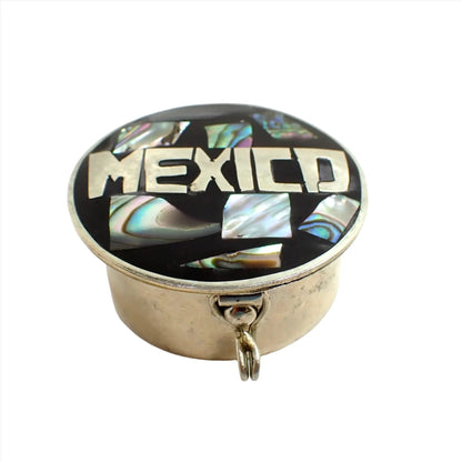 Mexico Vintage Pill Box, Alpaca Black Enameled Pillbox Trinket Box with Inlaid Abalone Shell, Small Silver Tone Round