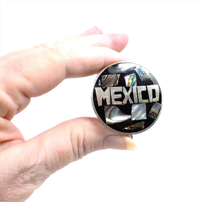 Mexico Vintage Pill Box, Alpaca Black Enameled Pillbox Trinket Box with Inlaid Abalone Shell, Small Silver Tone Round