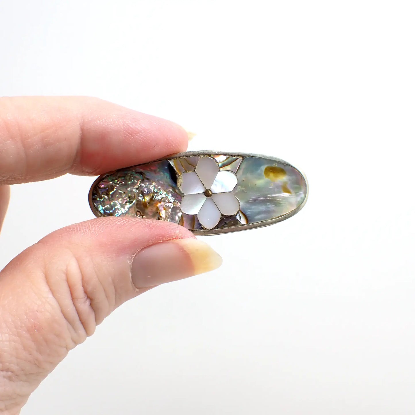 Abalone and Mother of Pearl Small Vintage Flower Hair Clip, Alpaca Silver Tone Made in Mexico