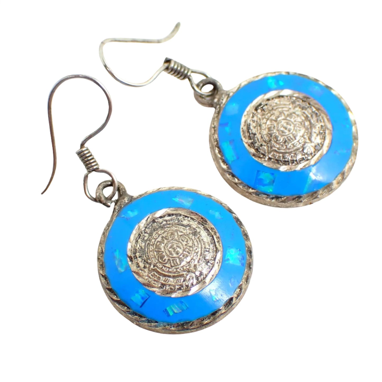 Mayan Calendar Vintage Pendant and Earrings Jewelry Set, Blue Enameled with Inlaid Opal, Mexican Jewelry