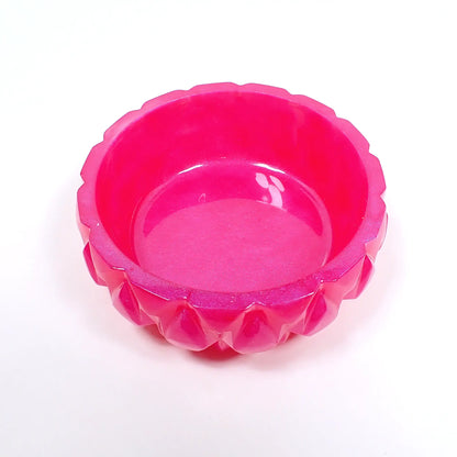 Small Handmade Pearly Bright Pink Resin Round Shaped Trinket Dish with Faceted Geometric Design, Decorative Bowl