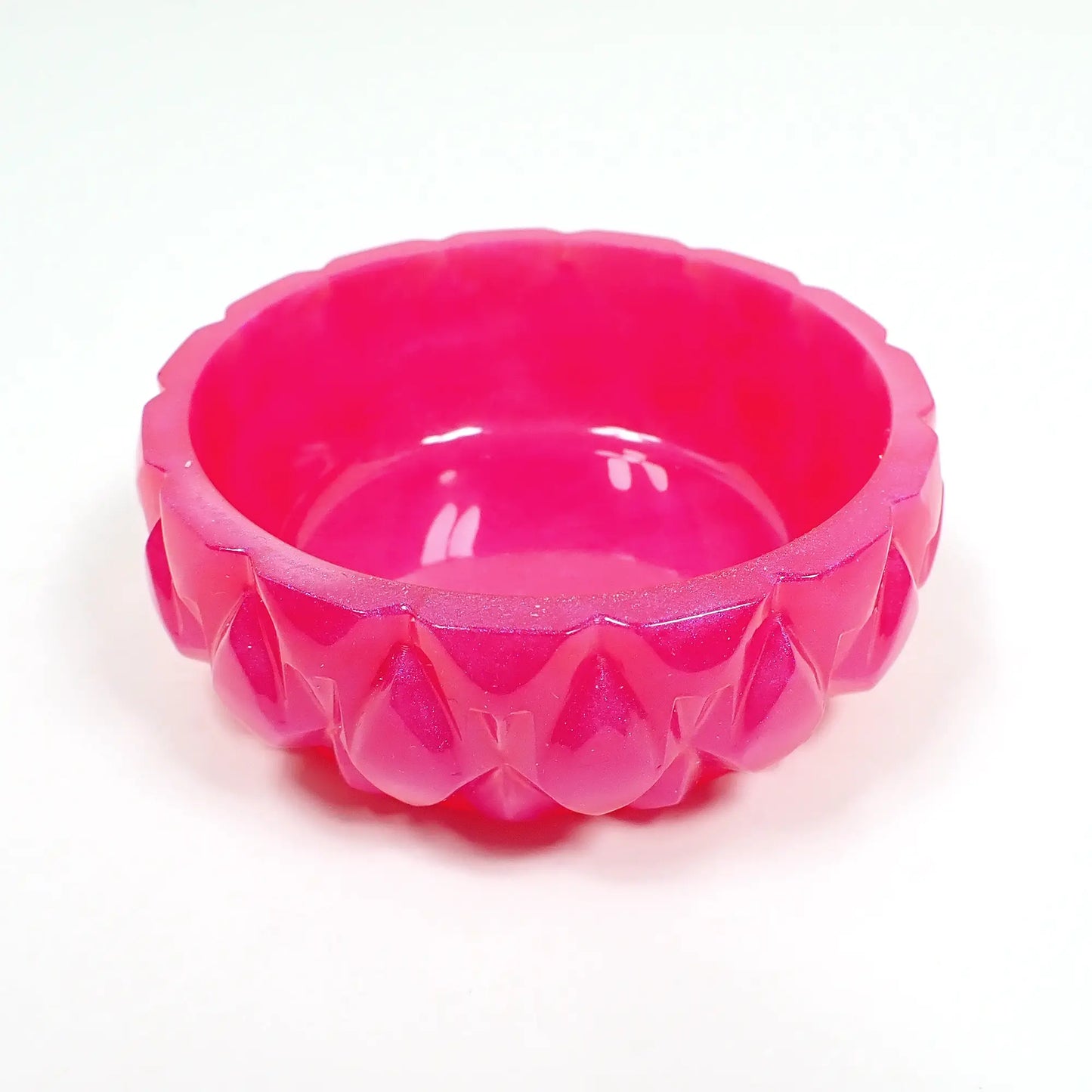 Small Handmade Pearly Bright Pink Resin Round Shaped Trinket Dish with Faceted Geometric Design, Decorative Bowl