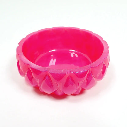 Small Handmade Pearly Bright Pink Resin Round Shaped Trinket Dish with Faceted Geometric Design, Decorative Bowl