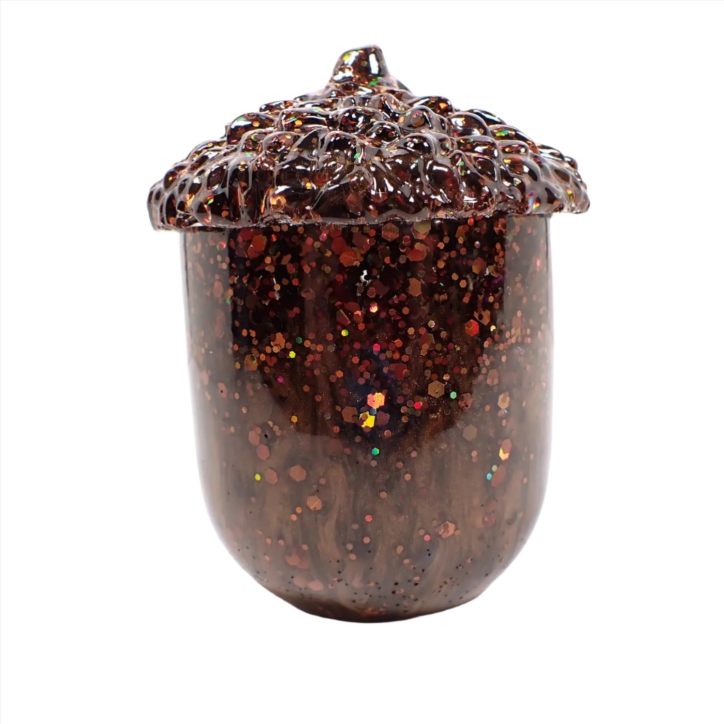 Pearly Dark Brown Resin Handmade Acorn Trinket Box Jar with Chunky Iridescent Glitter, Fall Decor