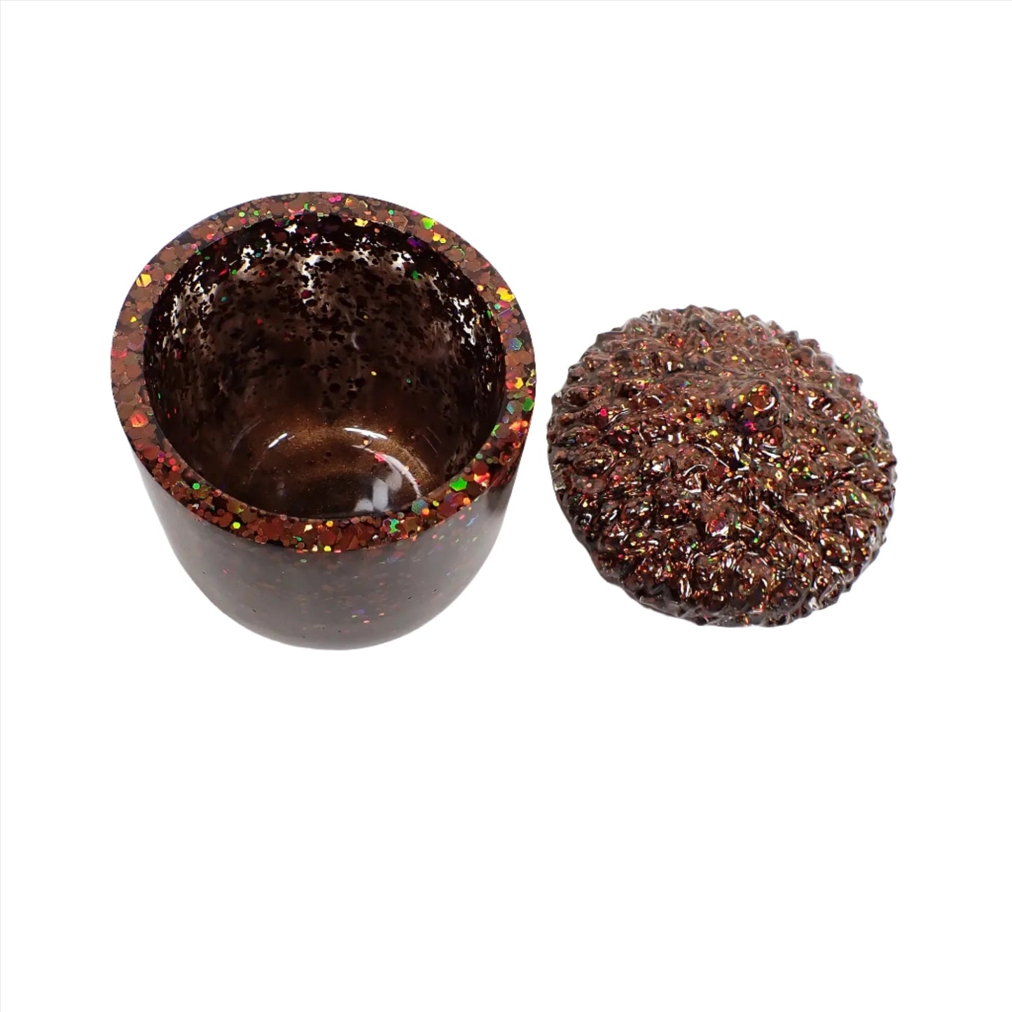 Pearly Dark Brown Resin Handmade Acorn Trinket Box Jar with Chunky Iridescent Glitter, Fall Decor