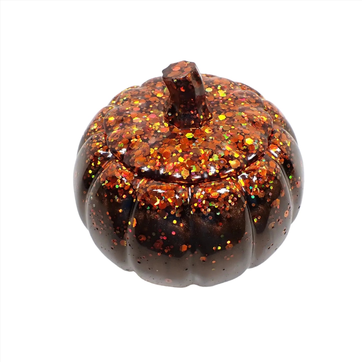 Handmade Dark Pearly Brown Resin Pumpkin Trinket Box with Orange Chunky Iridescent Glitter, Halloween Fall Decor