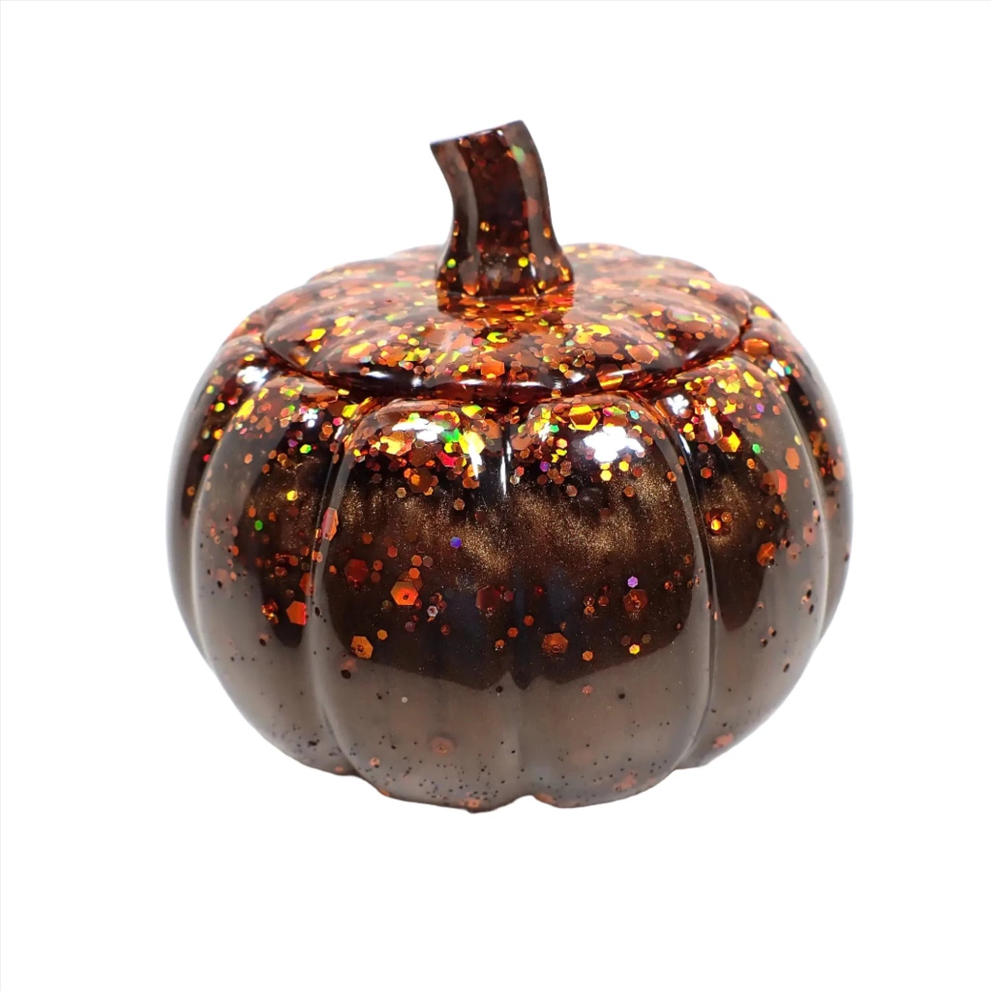 Handmade Dark Pearly Brown Resin Pumpkin Trinket Box with Orange Chunky Iridescent Glitter, Halloween Fall Decor