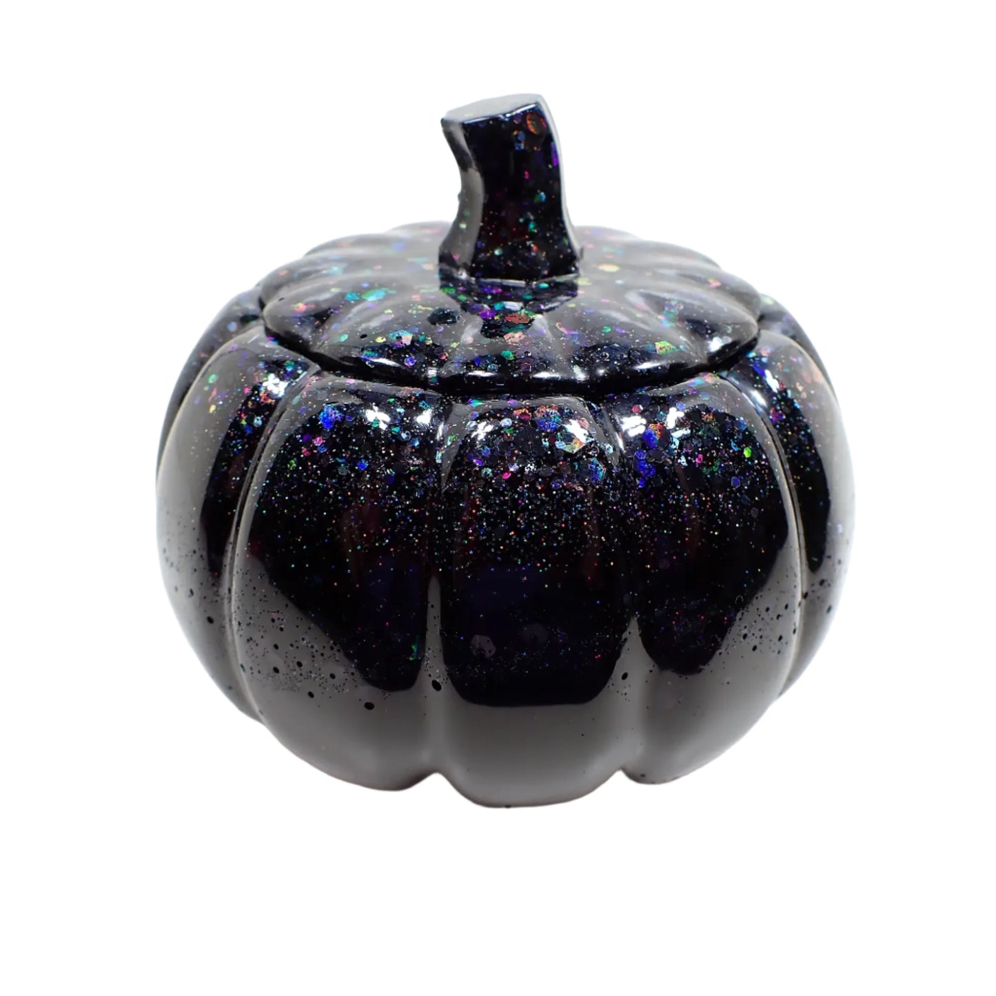 Handmade Black Resin Pumpkin Trinket Box with Chunky Iridescent Glitter, Goth Halloween Decor, Decorative Jar