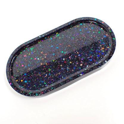 Black Trinket Dish with Iridescent Sparkly Rainbow Glitter, Oval Goth Decorative Tray, Home Decor