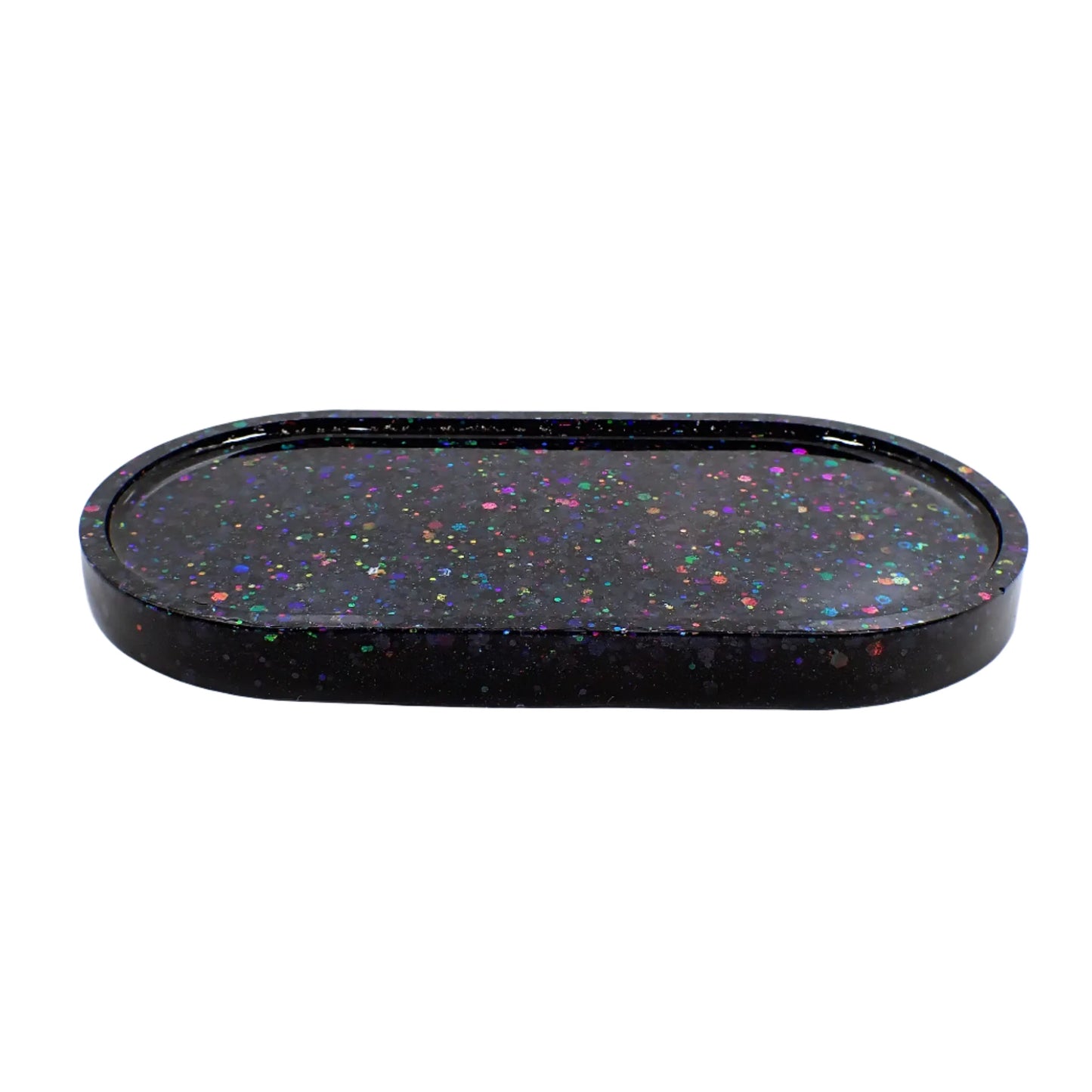 Black Trinket Dish with Iridescent Sparkly Rainbow Glitter, Oval Goth Decorative Tray, Home Decor