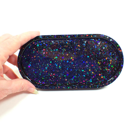 Black Trinket Dish with Iridescent Sparkly Rainbow Glitter, Oval Goth Decorative Tray, Home Decor