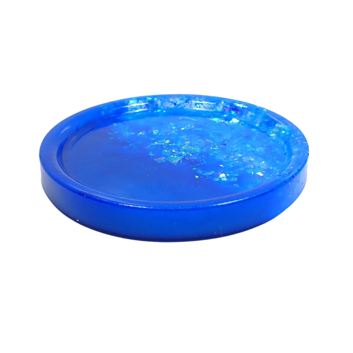 Ocean Blue Round Trinket Dish with Iridescent Flakes, Decorative Tray, Home Decor