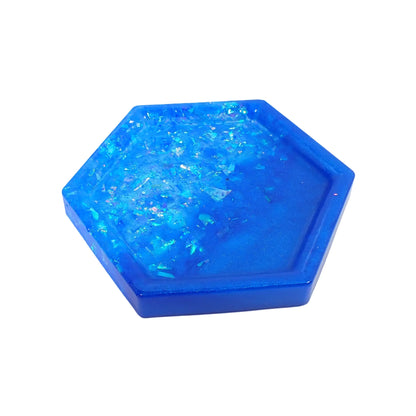 Ocean Blue Hexagon Trinket Dish with Iridescent Flakes, Decorative Tray, Geometric Home Decor