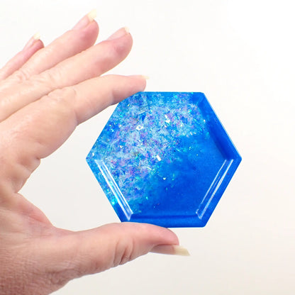 Ocean Blue Hexagon Trinket Dish with Iridescent Flakes, Decorative Tray, Geometric Home Decor