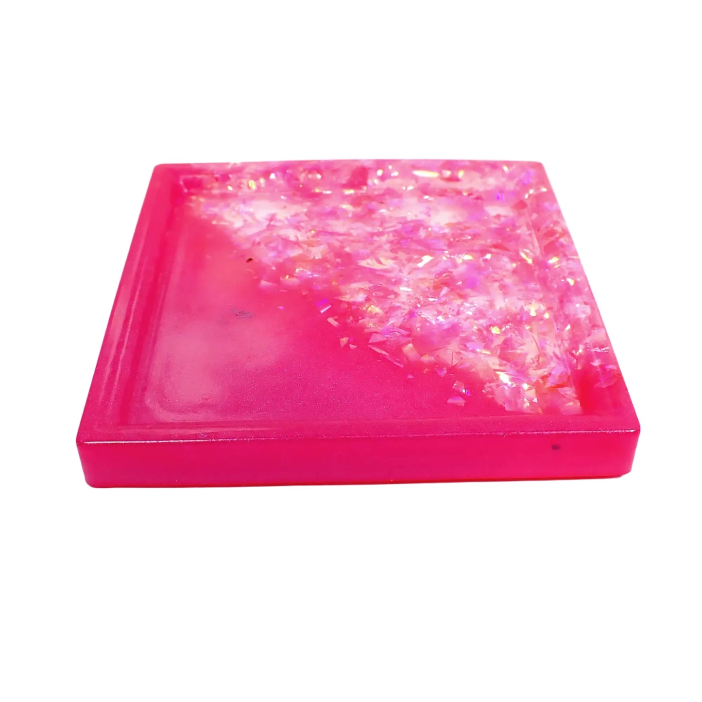 Small Bright Pink Square Trinket Dish with Iridescent Flakes, Decorative Tray, Home Decor