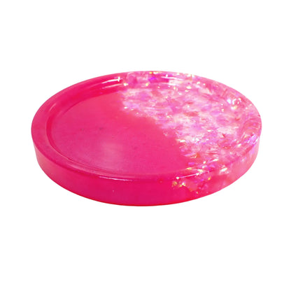 Small Bright Pink Round Trinket Dish with Iridescent Flakes, Decorative Tray, Home Decor