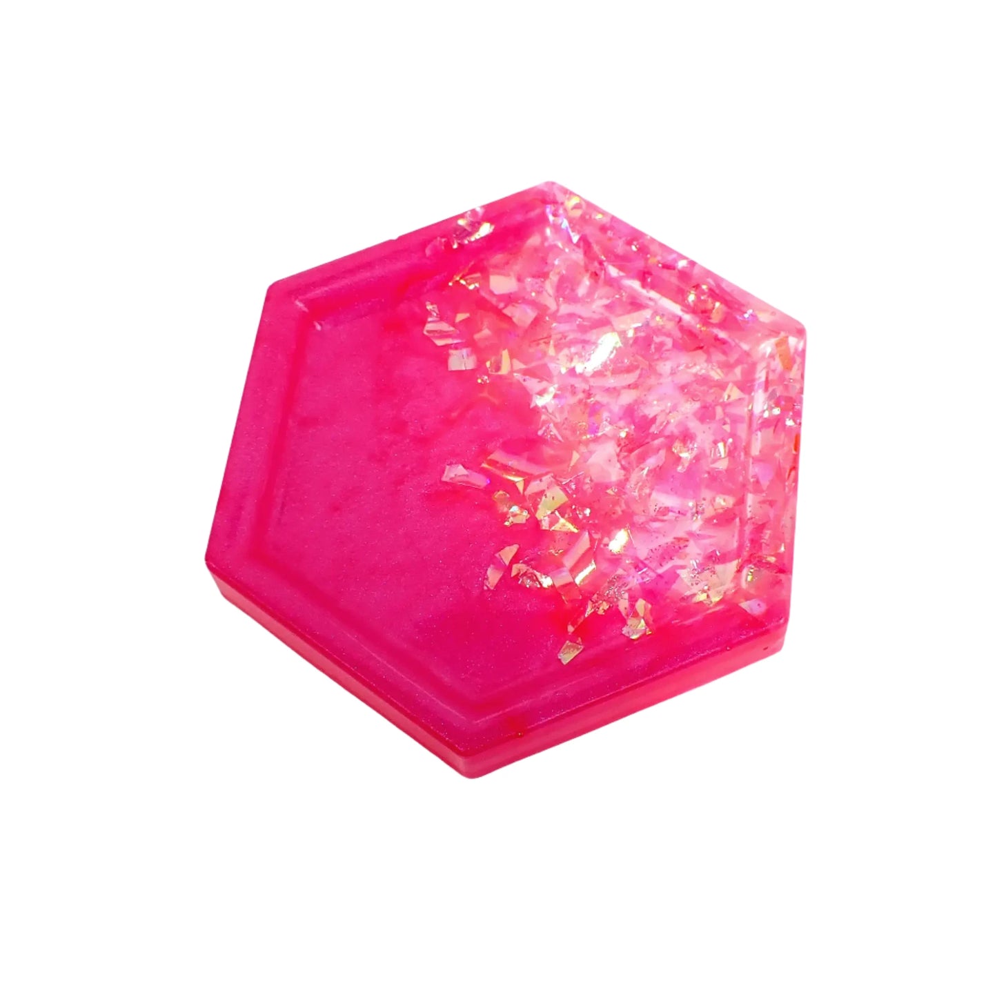 Small Bright Pink Hexagon Trinket Dish with Iridescent Flakes, Decorative Tray, Geometric Home Decor