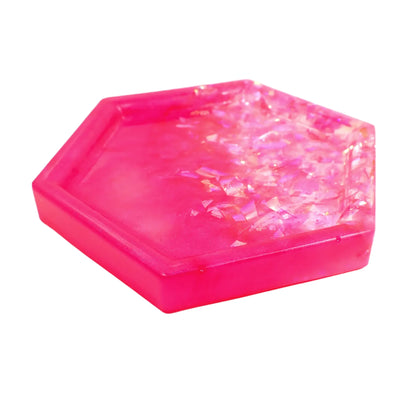 Small Bright Pink Hexagon Trinket Dish with Iridescent Flakes, Decorative Tray, Geometric Home Decor