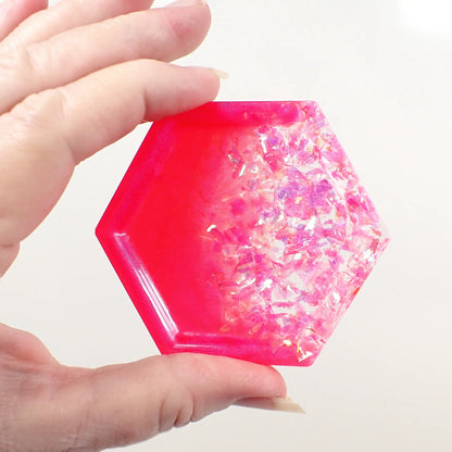 Small Bright Pink Hexagon Trinket Dish with Iridescent Flakes, Decorative Tray, Geometric Home Decor