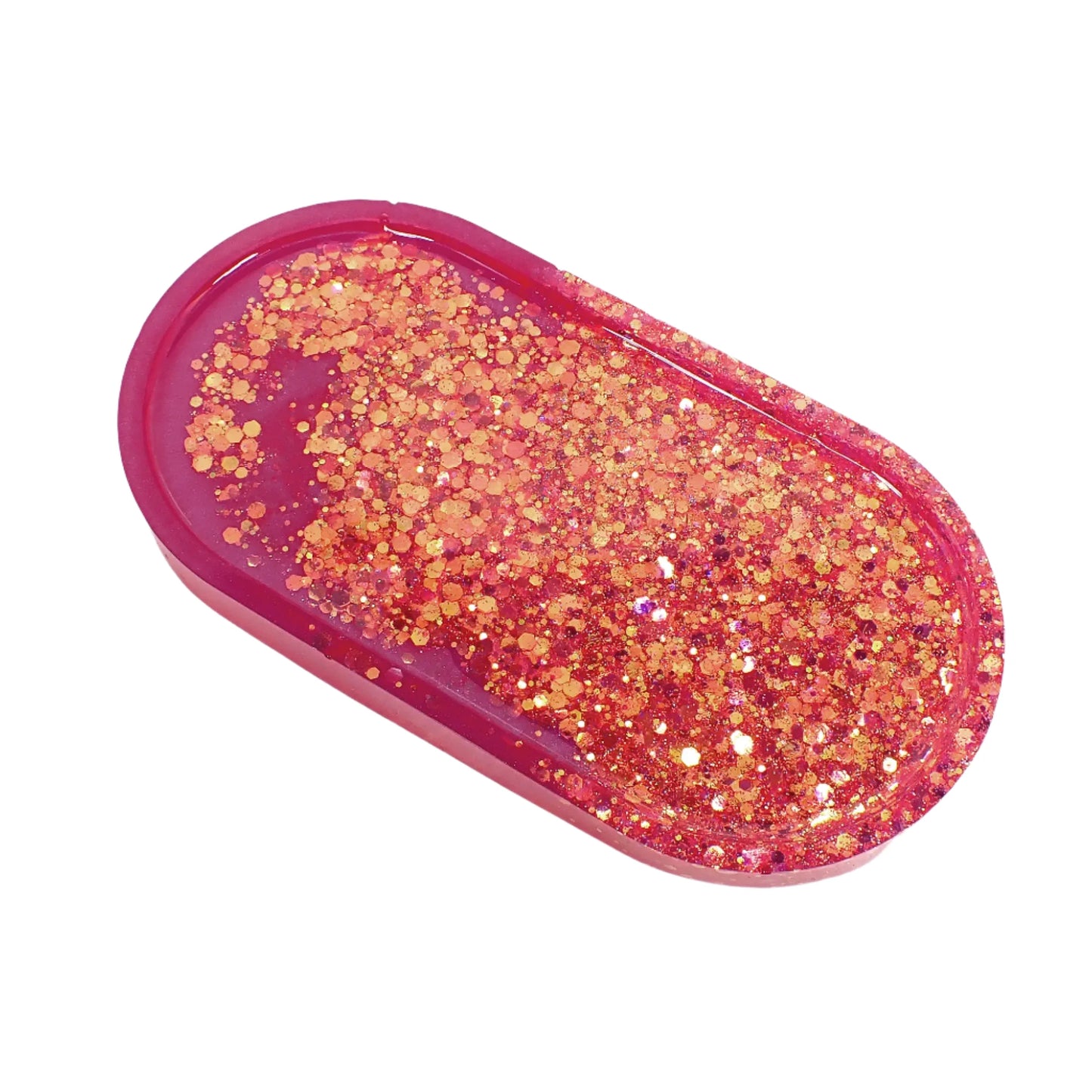 Bright Pink Trinket Dish with Iridescent Chunky Glitter, Oval Decorative Tray, Home Decor