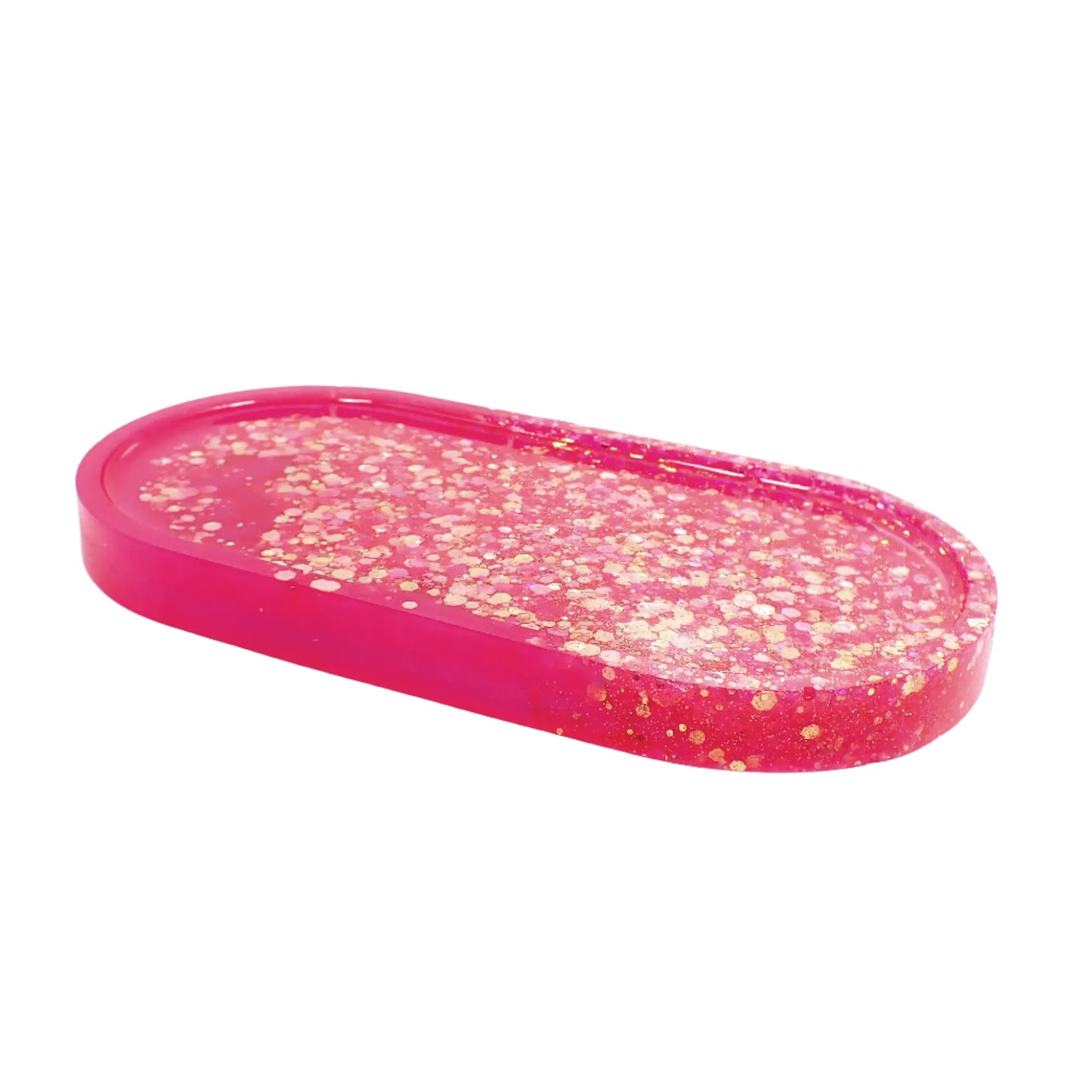 Bright Pink Trinket Dish with Iridescent Chunky Glitter, Oval Decorative Tray, Home Decor