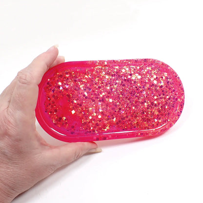 Bright Pink Trinket Dish with Iridescent Chunky Glitter, Oval Decorative Tray, Home Decor