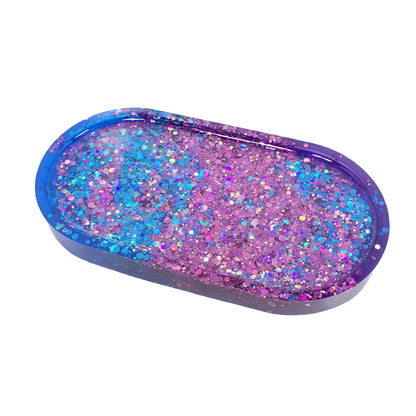 Handmade Trinket Dish with Iridescent Sparkly Glitter, Purple and Blue Oval Decorative Tray, Home Decor