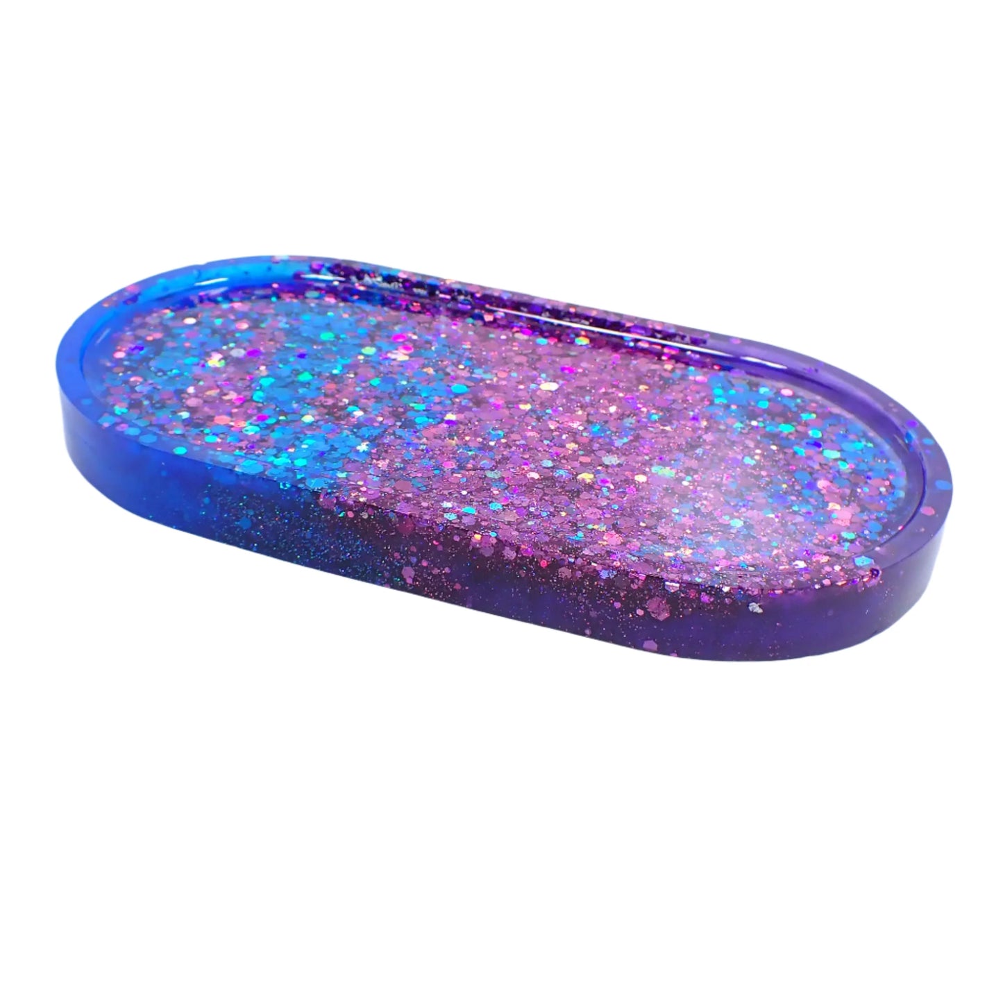 Handmade Trinket Dish with Iridescent Sparkly Glitter, Purple and Blue Oval Decorative Tray, Home Decor