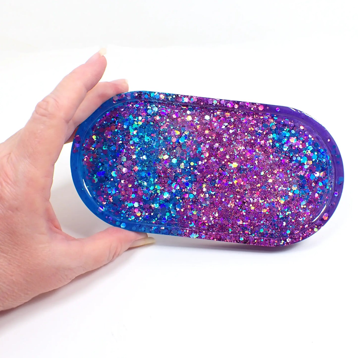 Handmade Trinket Dish with Iridescent Sparkly Glitter, Purple and Blue Oval Decorative Tray, Home Decor