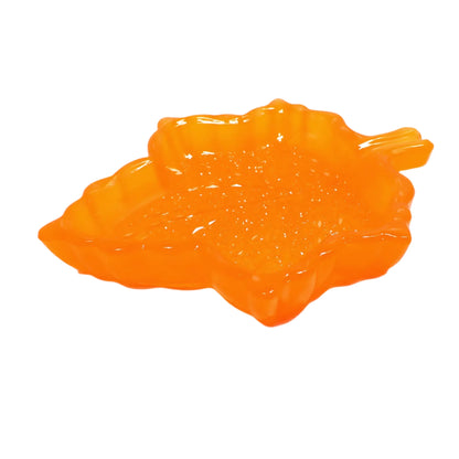 Handmade Neon Orange Resin Fall Leaf Decorative Trinket Dish with Crystal Style Design, UV Fluorescent, Autumn Decor