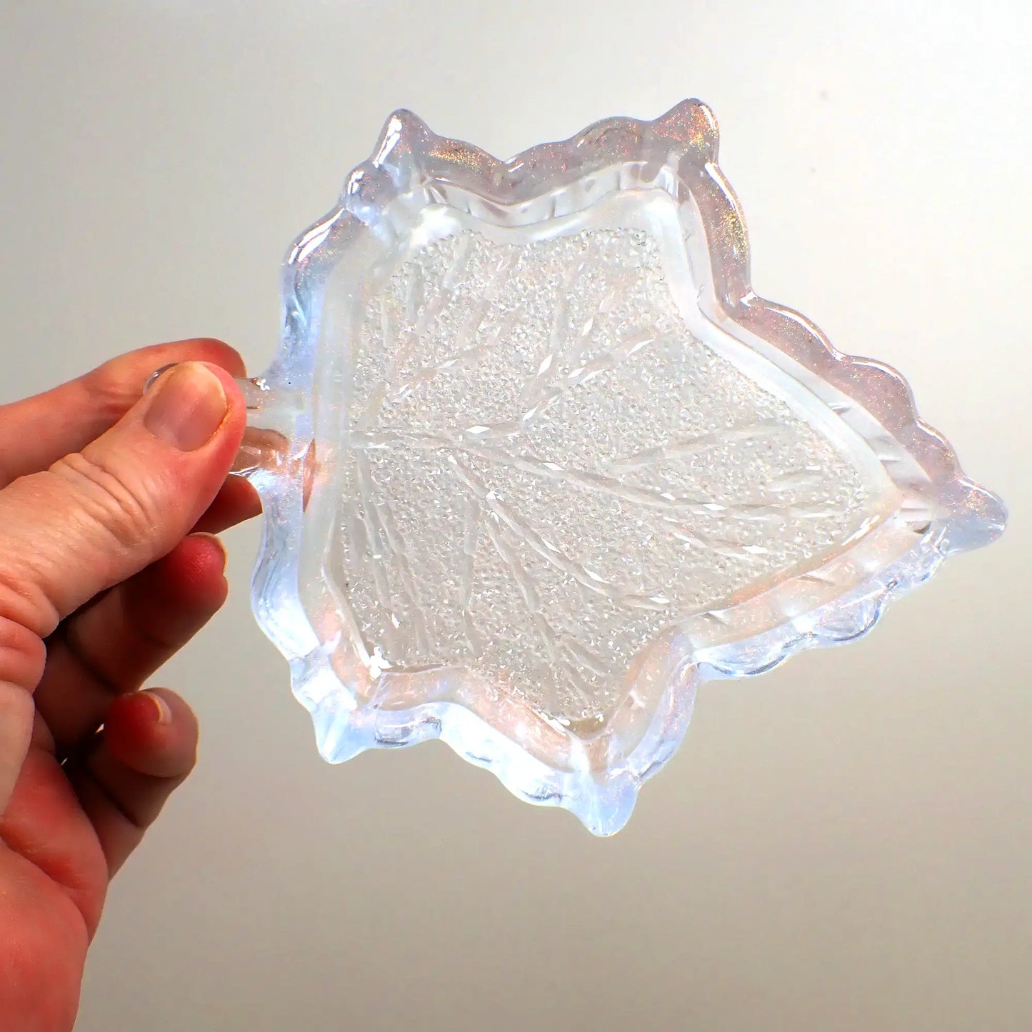 Handmade Opalescent White and Iridescent Resin Fall Leaf Decorative Trinket Dish with Crystal Style Design