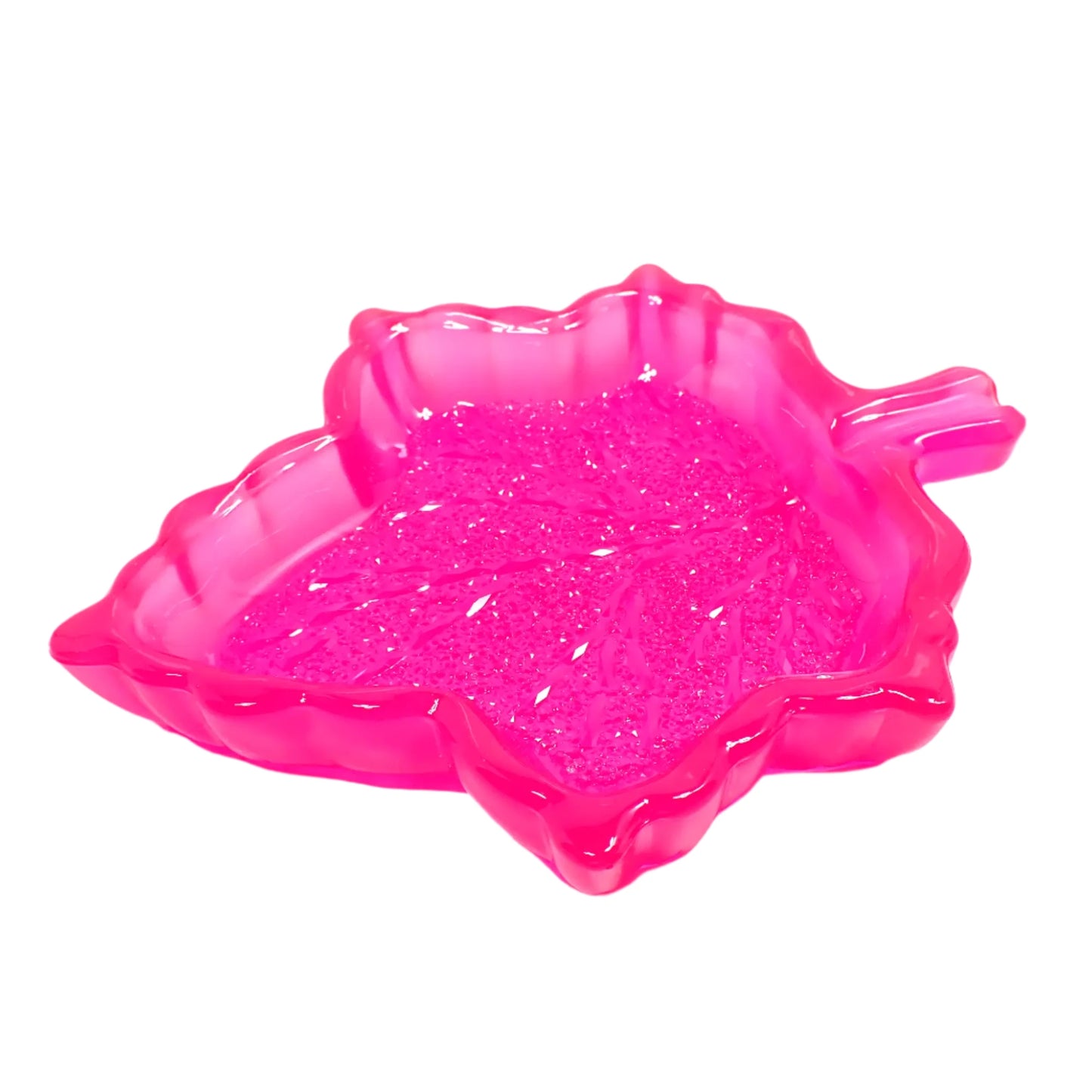 Handmade Neon Pink Resin Fall Leaf Decorative Trinket Dish with Crystal Style Design, UV Fluorescent, Autumn Decor