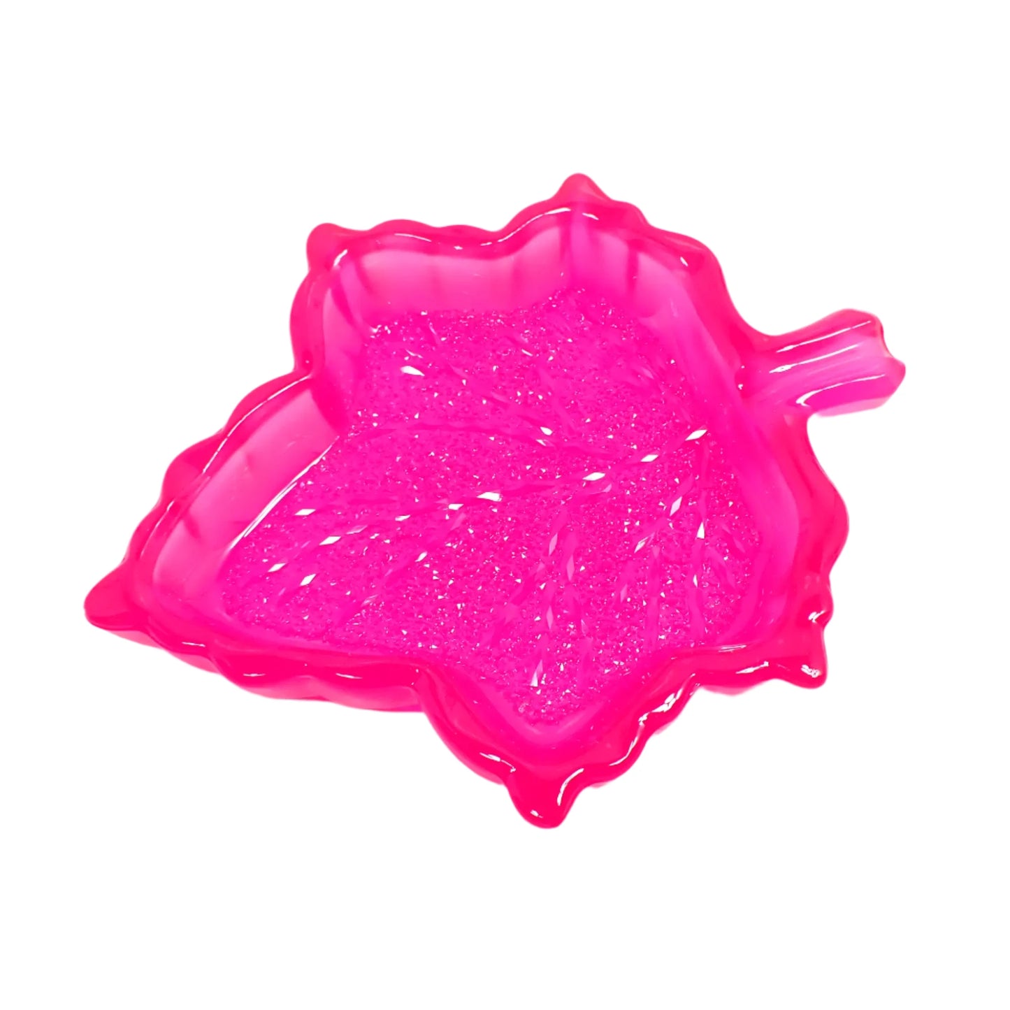 Handmade Neon Pink Resin Fall Leaf Decorative Trinket Dish with Crystal Style Design, UV Fluorescent, Autumn Decor