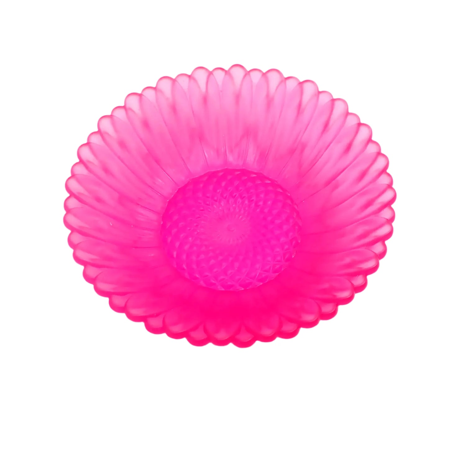 Top view of the handmade neon pink small handmade resin sunflower decorative bowl. It is bright neon pink in color.